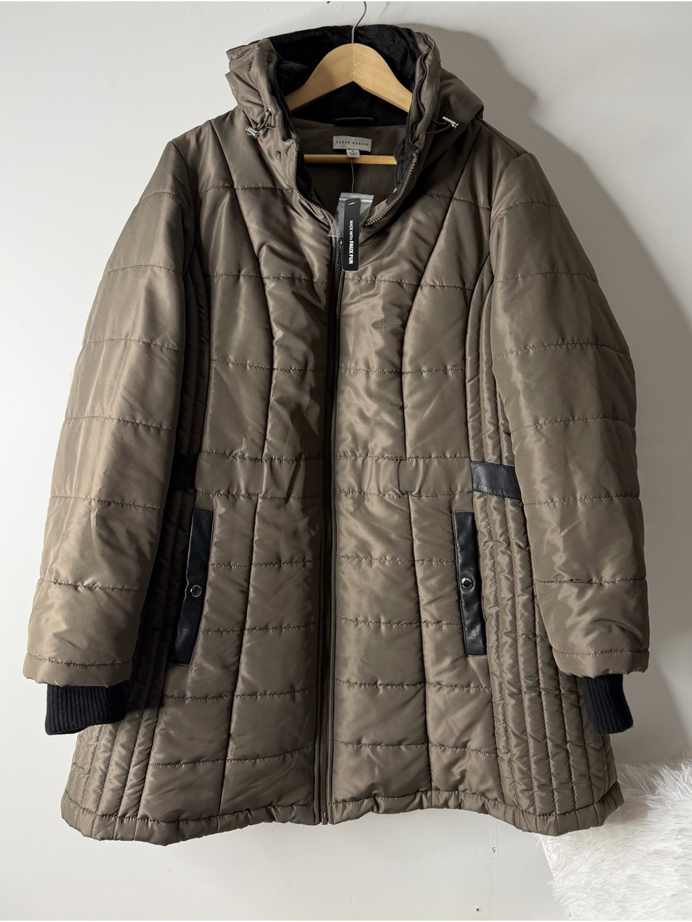 Susan Graver Olive Quilted Hooded Puffer Coat